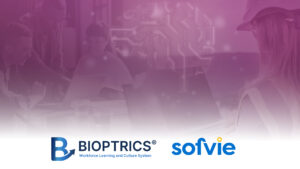 Team of colleagues collaborating around a table with laptops; purple digital background and circuit graphics, with Bioptrics and Sofvie branding at the bottom.
